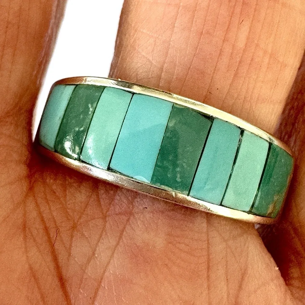 Navajo Mens Wedding Band Turquoise Inlay Sz 11.5 Ring 8mm Signed Tsosie Native